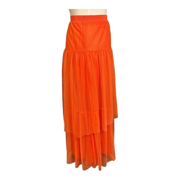 Anthropologie Orange Tiered Maxi Skirt Size Small Pull-On Mesh Overlay Boho Flow - Picture 10 of 10